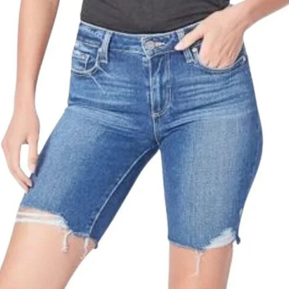PAIGE Blue Distressed Denim Jax Knee Shorts size 27
